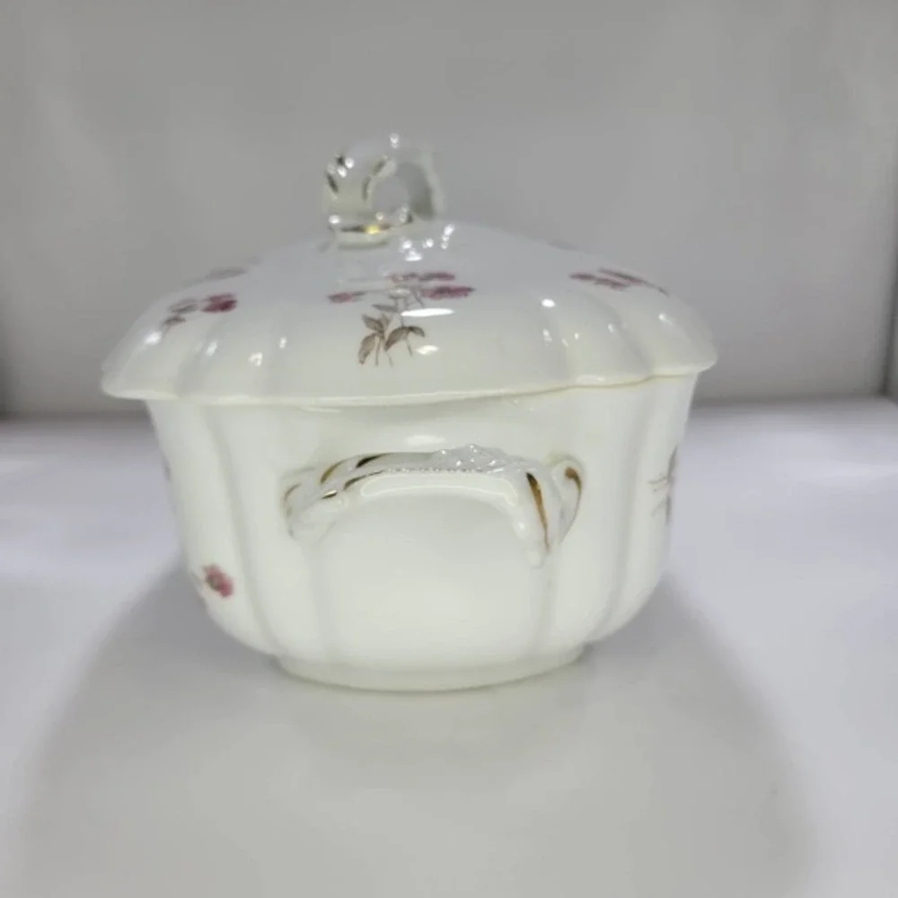 Antique A.K. Carlsbad Austria Tureen & Lid with Purple Flowers 1800s